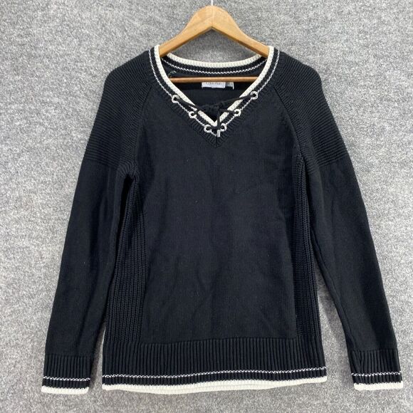 Calvin Klein Sweater Pullover Women M Medium Black Knit V-Neck Long Sleeve - Picture 3 of 9